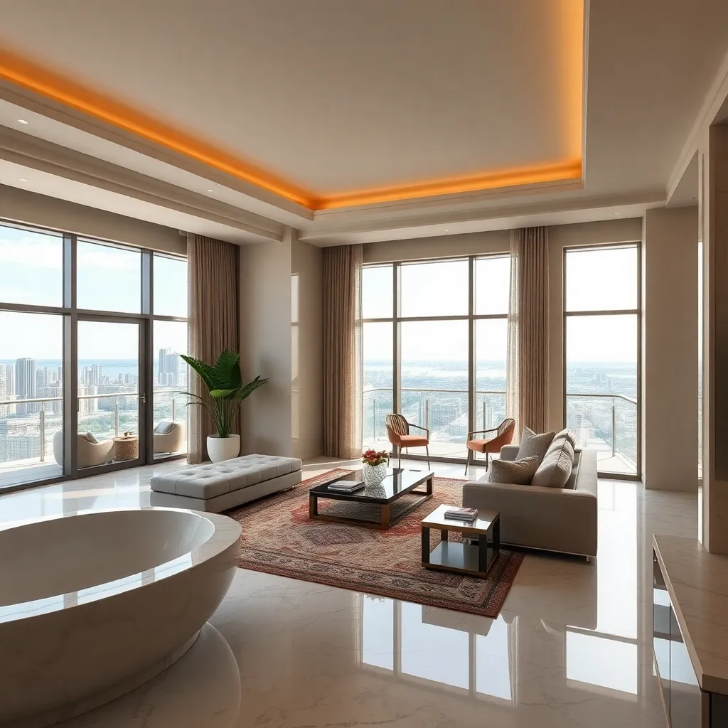 Presidential penthouse with expansive living space, private terrace, and luxurious marble bathroom